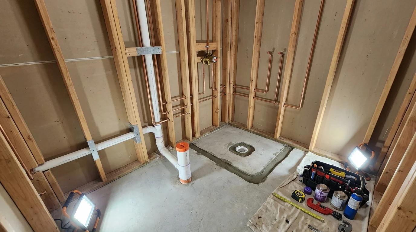 Bathroom rough-in plumbing during remodel by Johns Plumbing LLC in Dillon