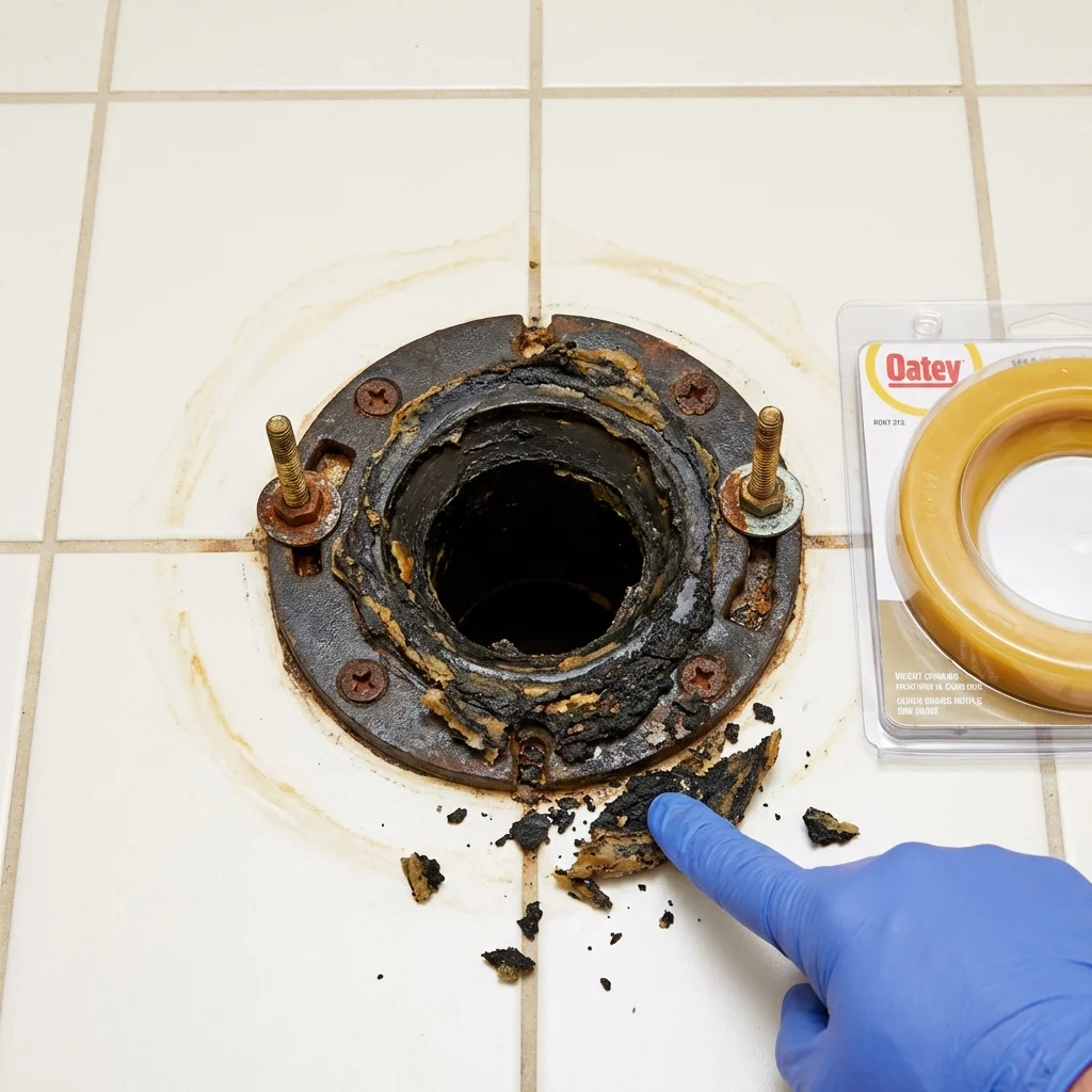 Failed wax ring showing water seepage at the base of a toilet in a Dillon, SC home